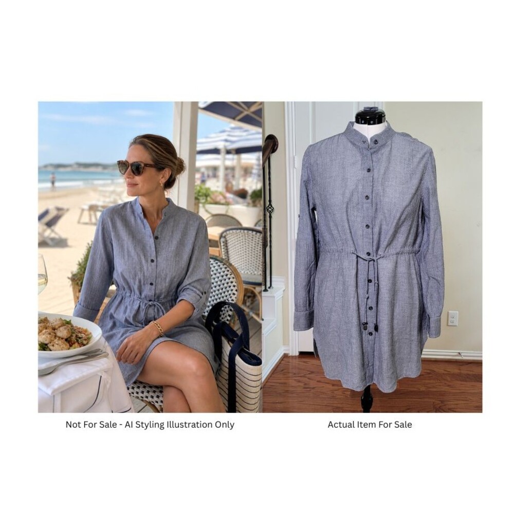 Lafayette 148 Button-up Shirt Tunic Gray Women L Drawstring Waist Preppy Vacatio